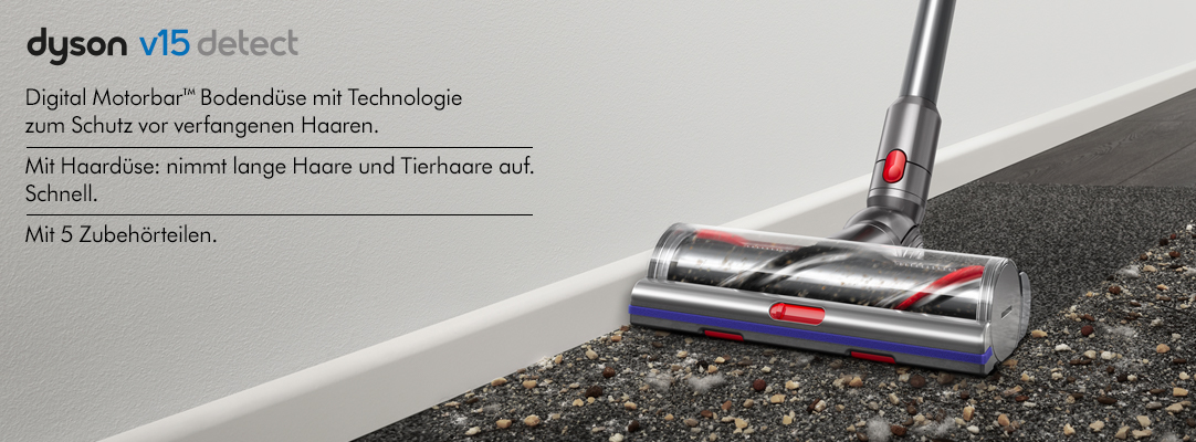dyson v15 detect Digital Motorbar- Bodendüse mit Technologie zum Schutz vor verfangenen Haaren.