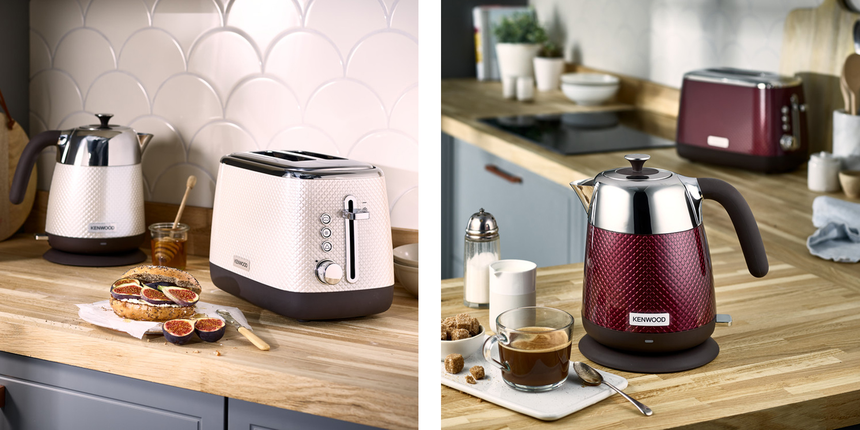 Kenwood Toaster Wasserkocher auf einer K&uuml;chenarbeitsplatte.