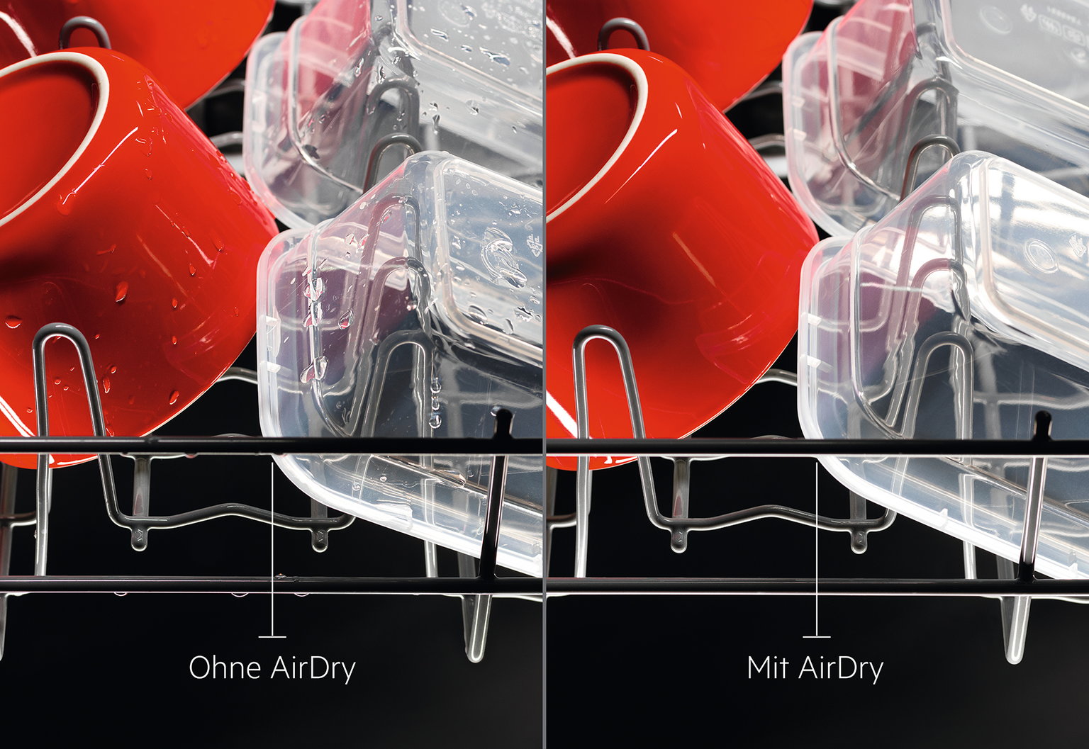 Zeigt wie Reinigung ohne AirDry sowie mit AirDry des AEG's Geschiirrsp&uuml;ler aussieht. 